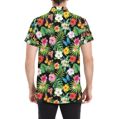Hibiscus With Butterfly Print Design LKS305 Men Short Sleeve Button Up Shirt