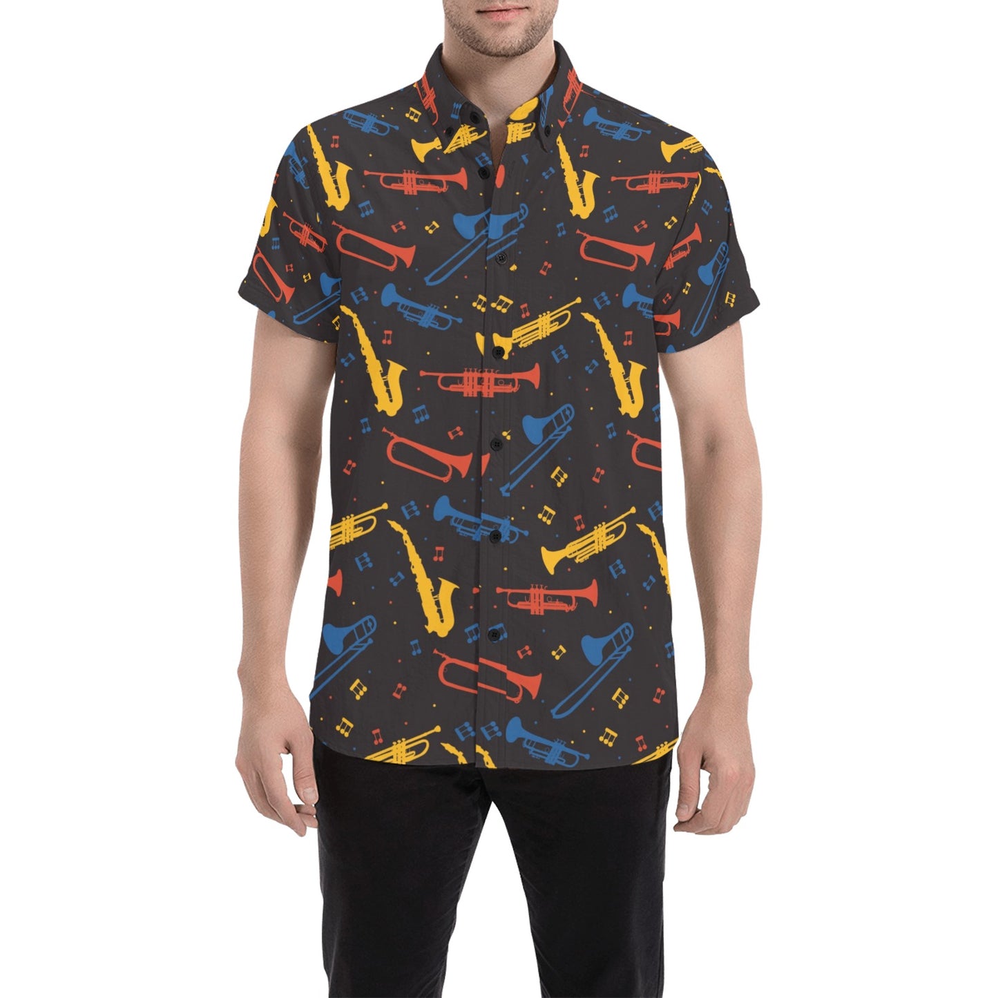 Saxophone Print Design LKS407 Men Short Sleeve Button Up Shirt