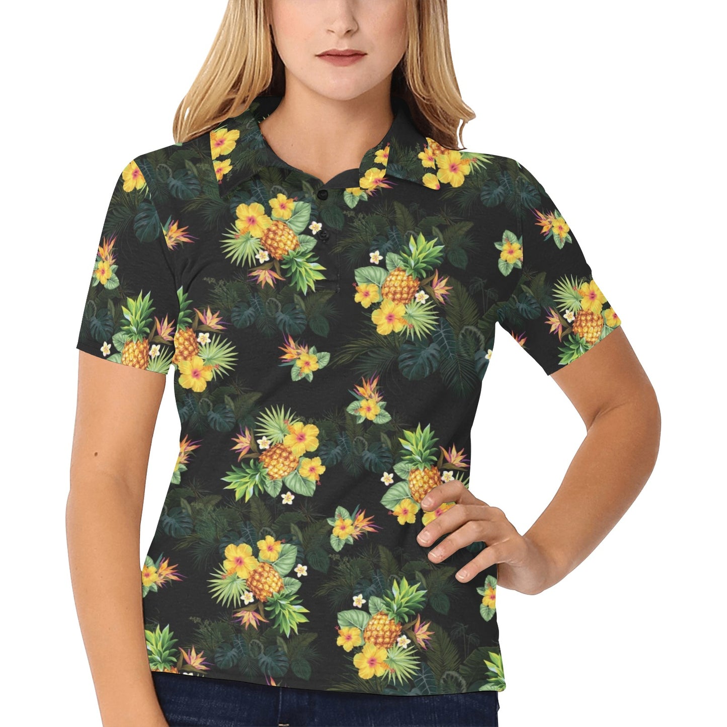 Pineapple Tropical Flower Print Pattern Women's Polo Shirt