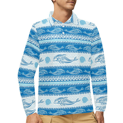 Dolphin Tribal Print Pattern Long Sleeve Polo Shirt For Men's