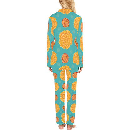 Marigold Pattern Print Design 02 Women's Long Pajama Set