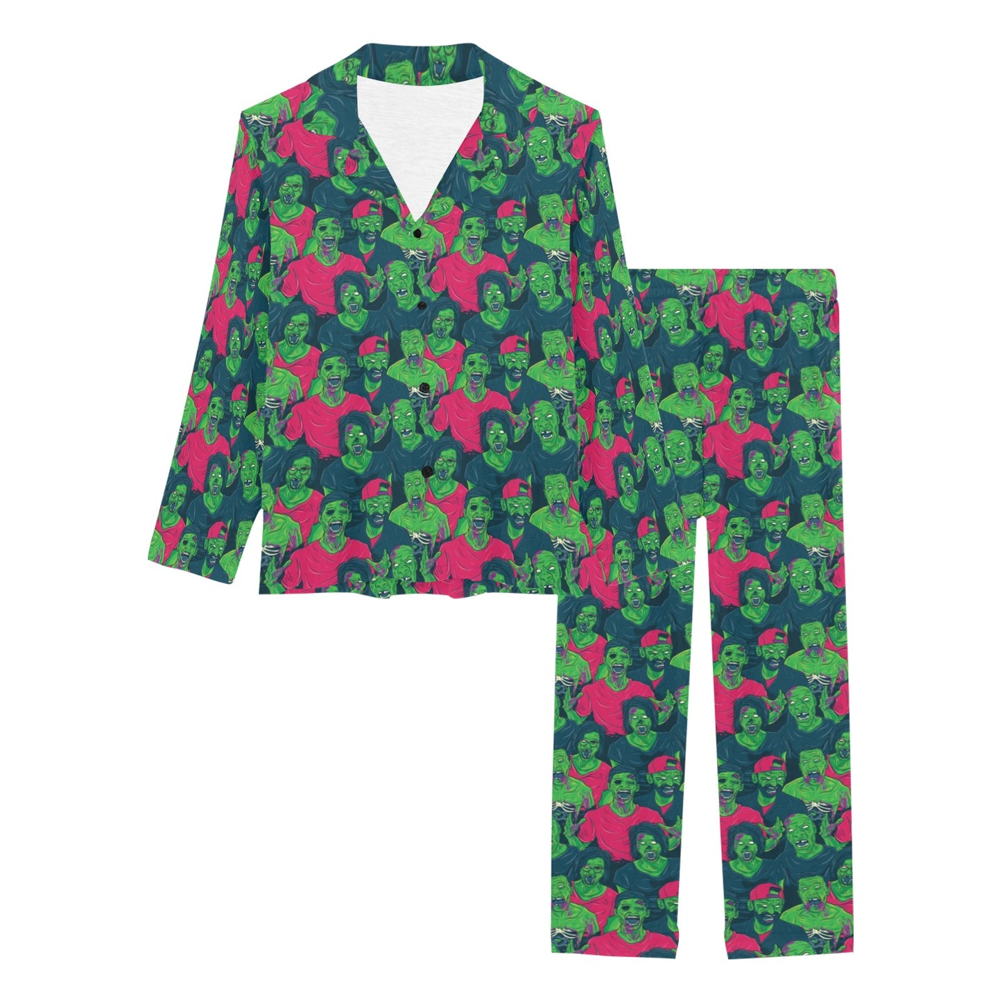 Zombie Themed Design Pattern Print Women's Long Pajama Set