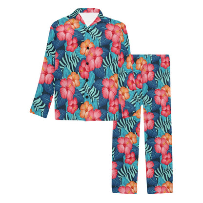 Red Hibiscus Pattern Print Design HB02 Men's Long Pajama Set