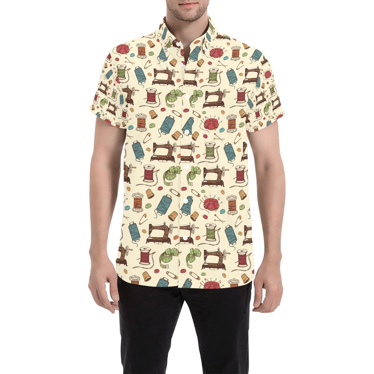 Sewing Equipment Print Design LKS303 Men Short Sleeve Button Up Shirt