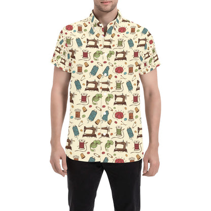 Sewing Equipment Print Design LKS303 Men Short Sleeve Button Up Shirt