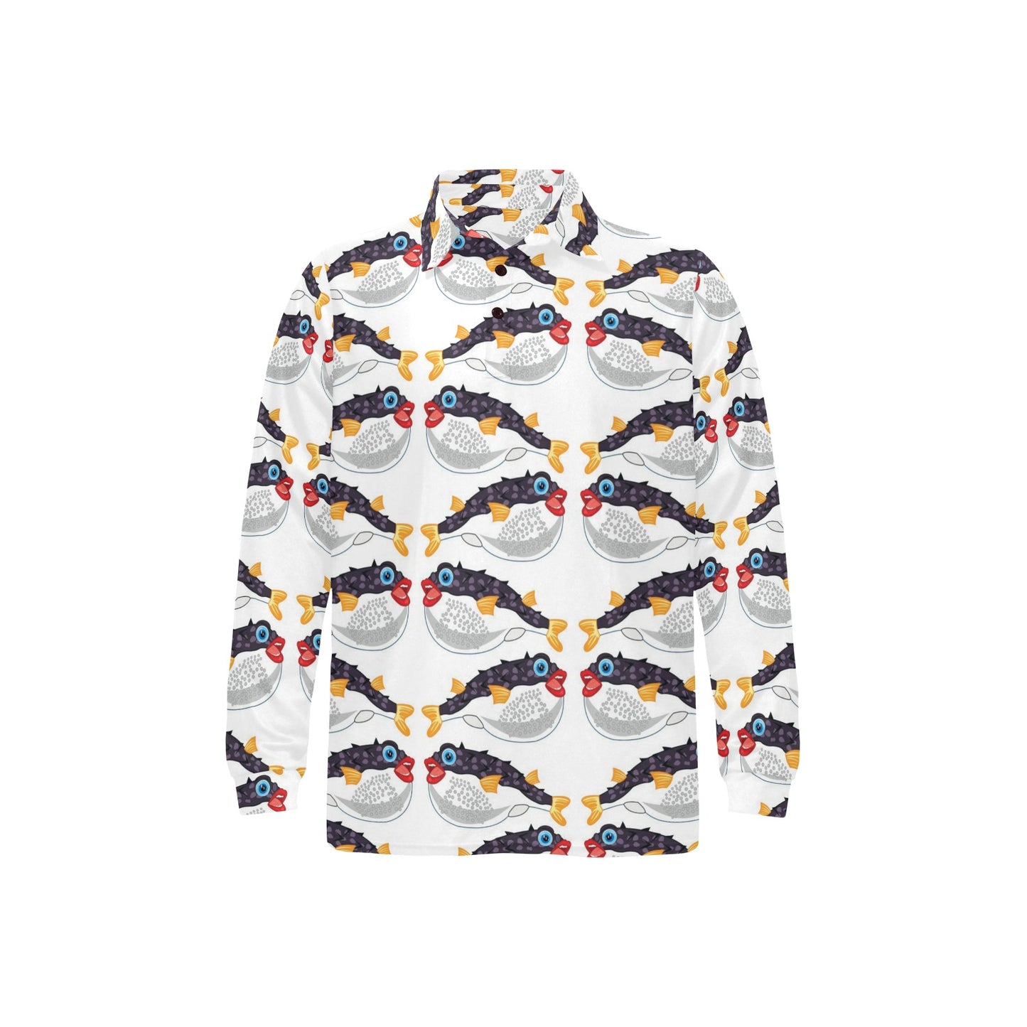 Fugu Pattern Print Design 03 Long Sleeve Polo Shirt For Men's