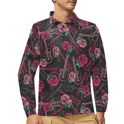 Bass Guitar Pink Rose Pattern Print Design 01 Long Sleeve Polo Shirt For Men's