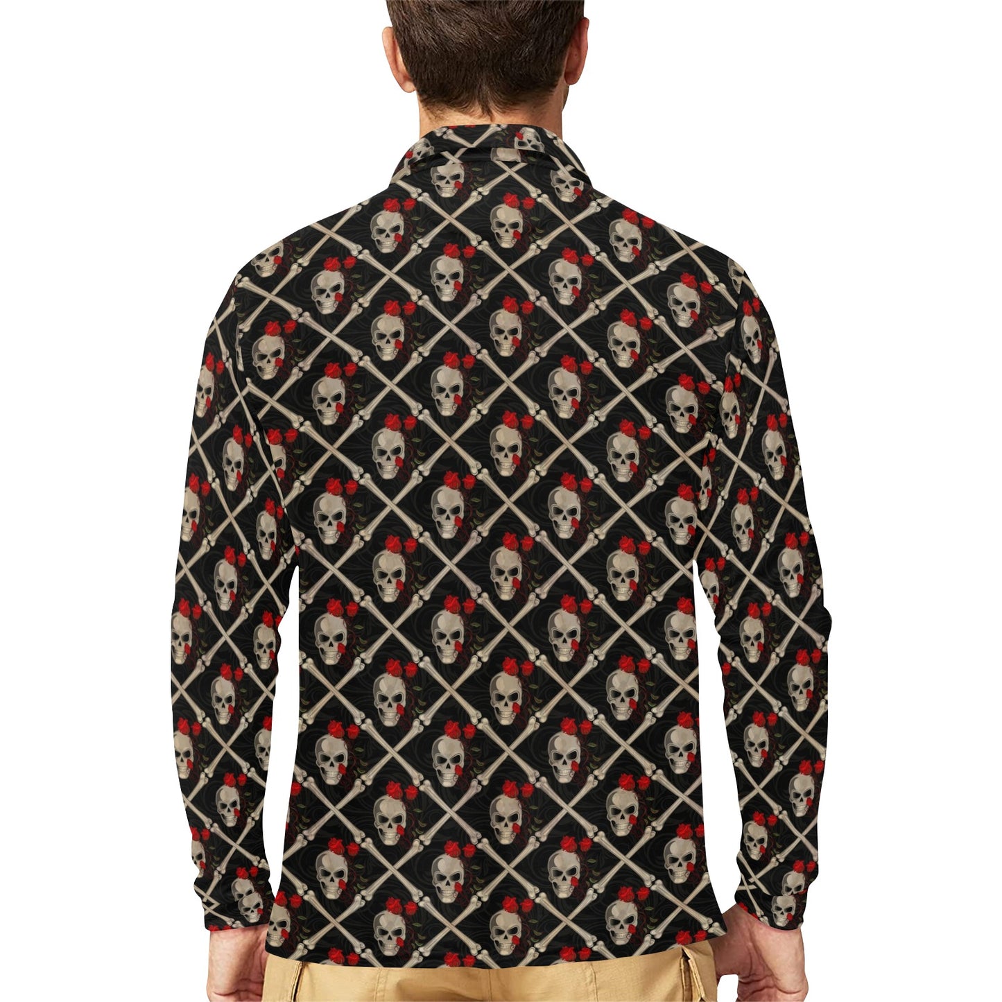 Skull Roses Bone Design Themed Print Long Sleeve Polo Shirt For Men's