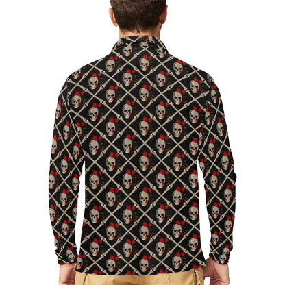 Skull Roses Bone Design Themed Print Long Sleeve Polo Shirt For Men's