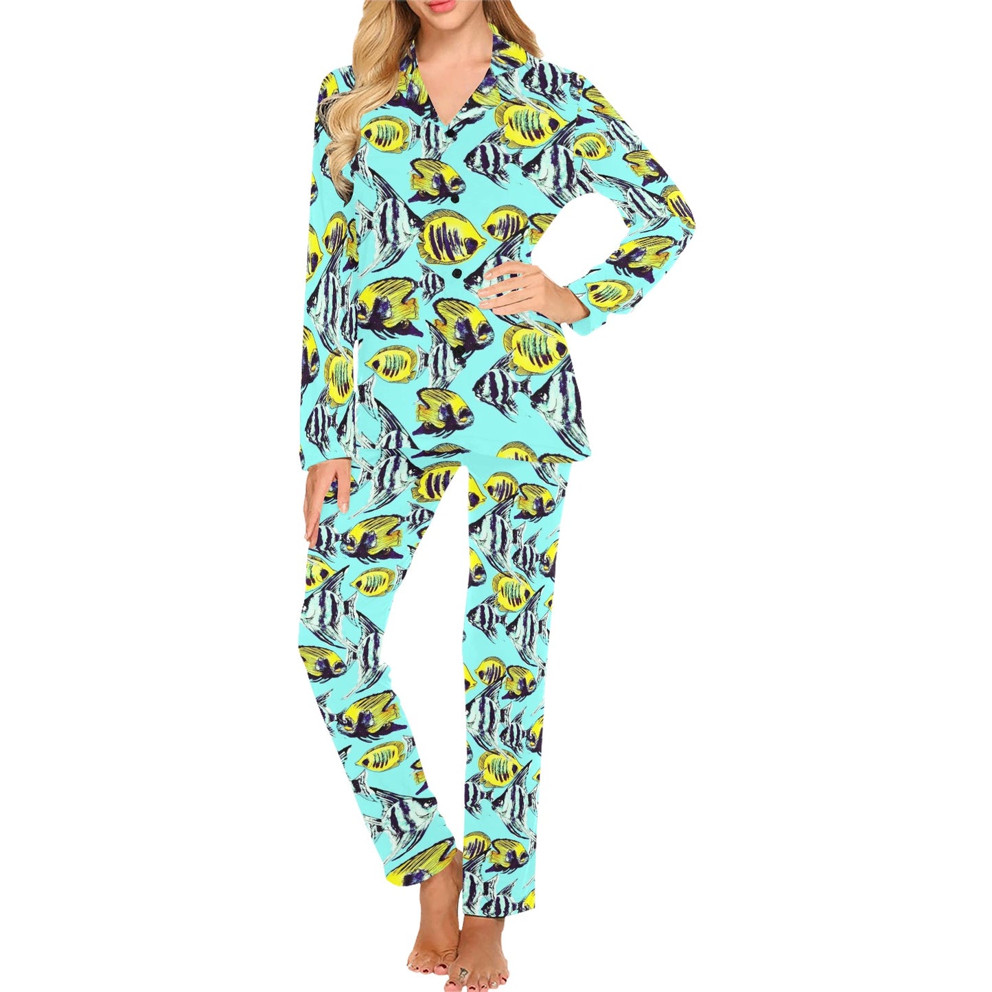 Angelfish Pattern Print Design 02 Women's Long Pajama Set