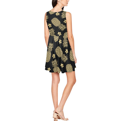 Gold Pineapple Hibiscus Sleeveless Dress