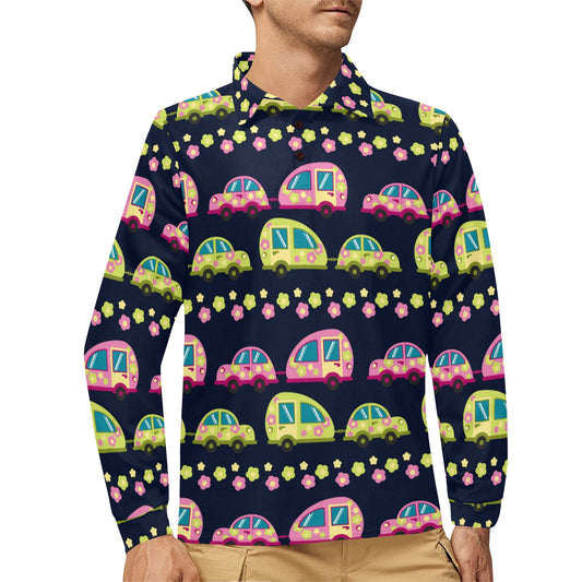 Camper Cute Camping Design No 3 Print Long Sleeve Polo Shirt For Men's