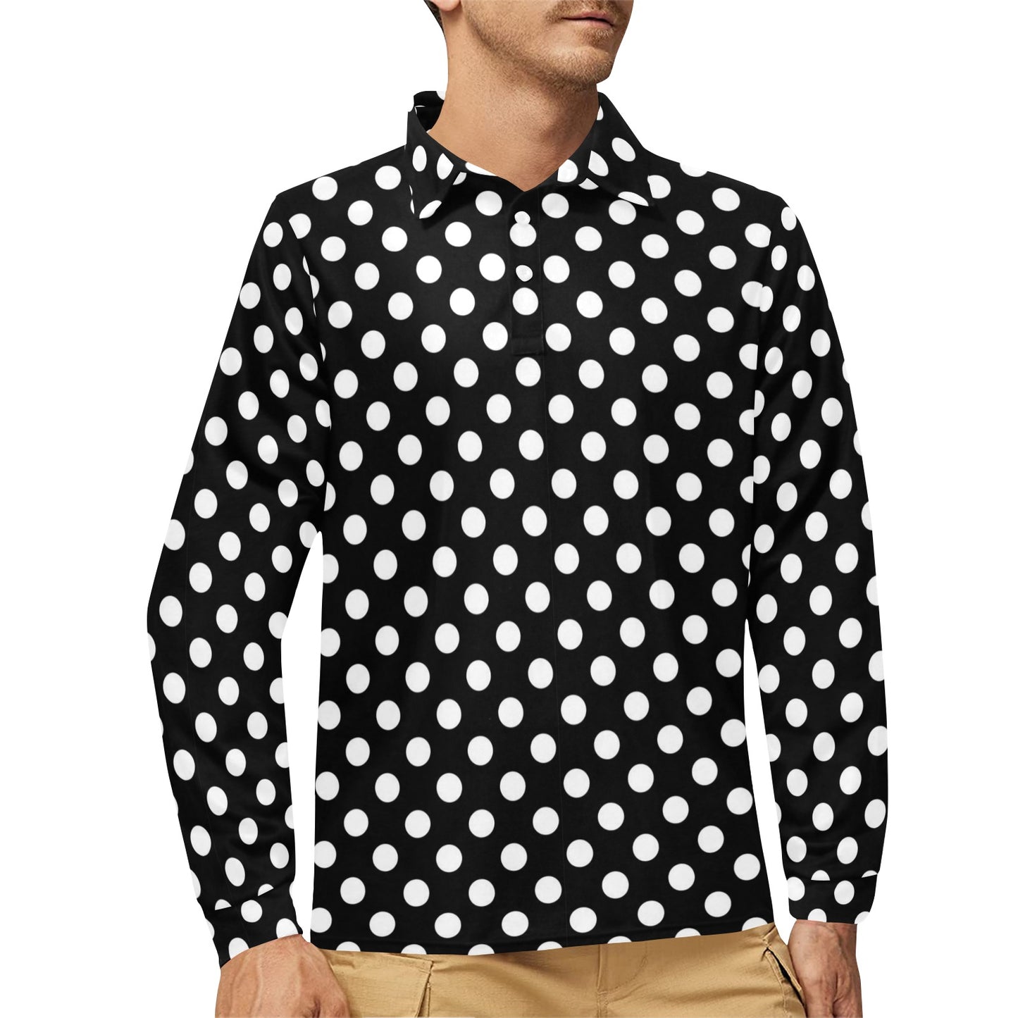 Polka Dot Black White Pattern Print Design 03 Long Sleeve Polo Shirt For Men's