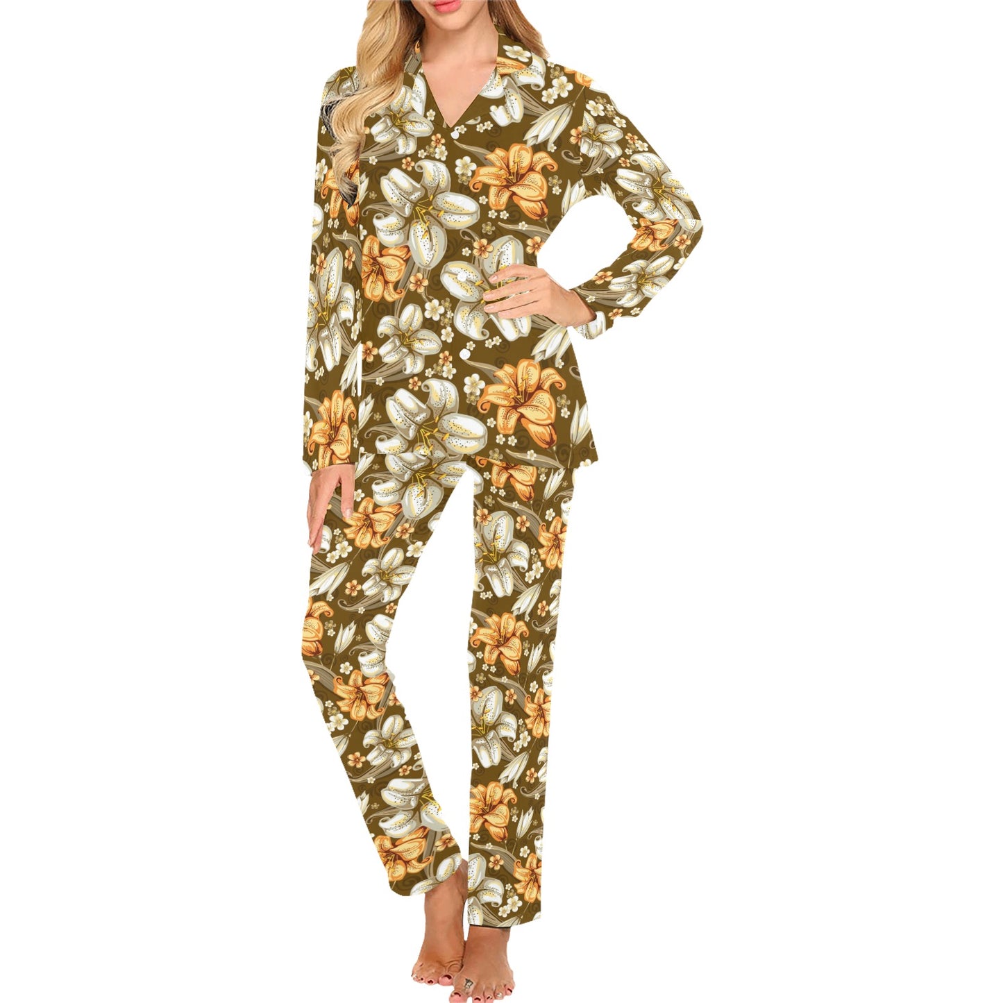 Lily Pattern Print Design 01 Women's Long Pajama Set