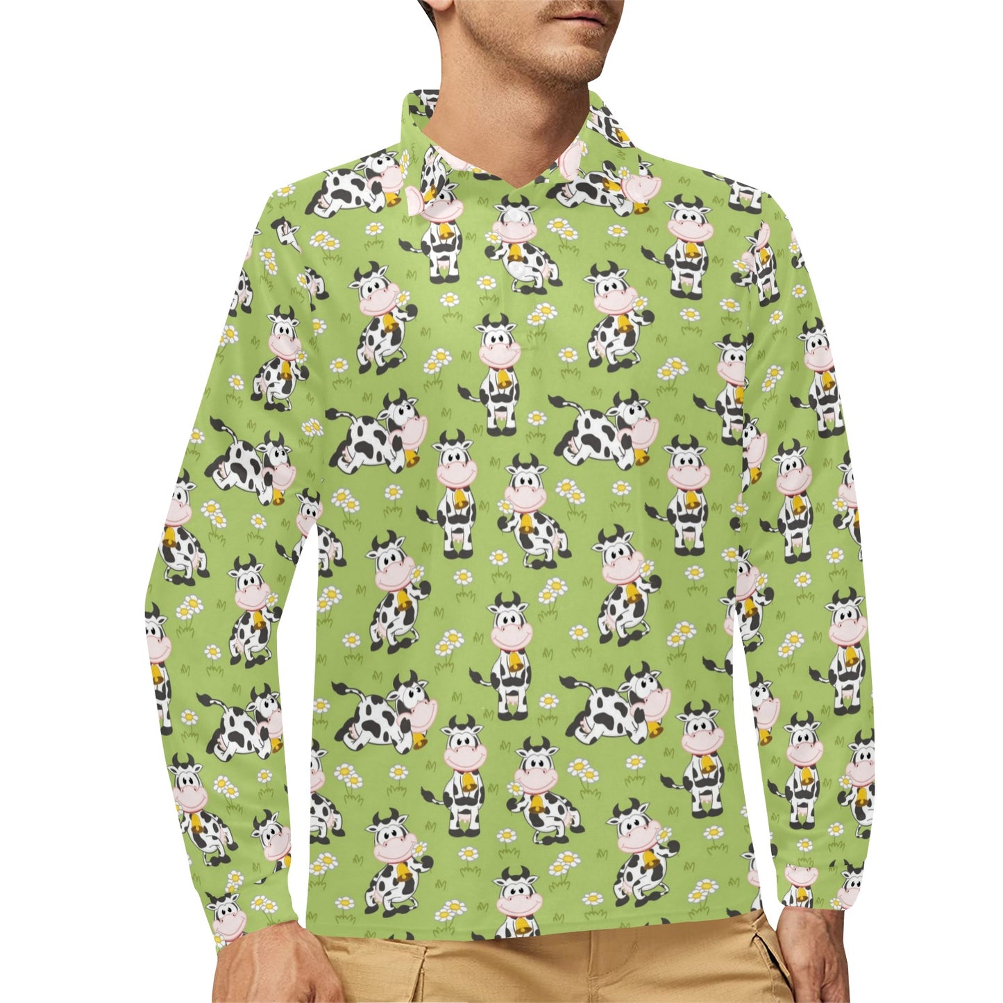 Cattle Print Design LKS401 Long Sleeve Polo Shirt For Men's