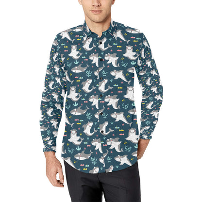 Shark Print Design LKS307 Men's Long Sleeve Dress Shirt