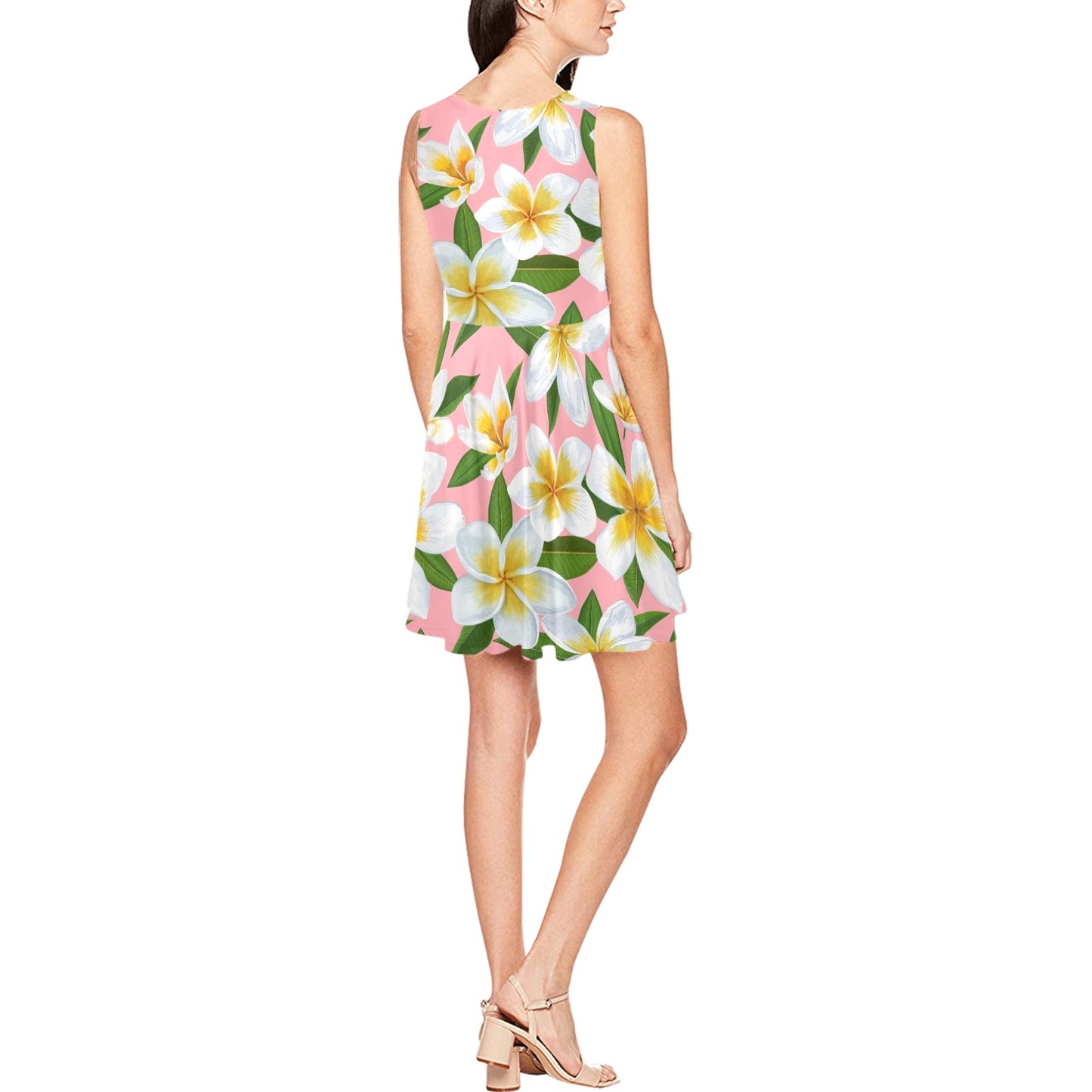 White Plumeria Pattern Print Design PM011 Sleeveless Dress