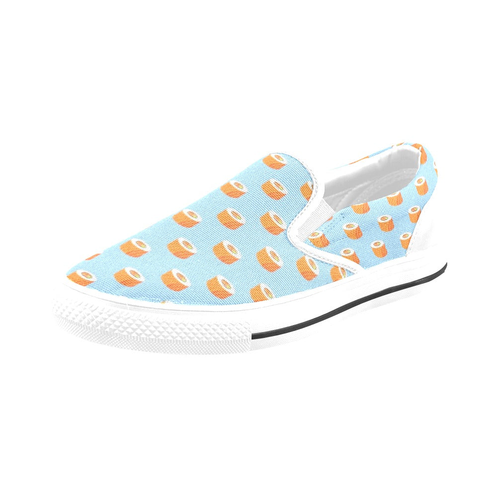 Salmon Sushi Print Design LKS307 White Slip Ons Canvas Women's Shoes