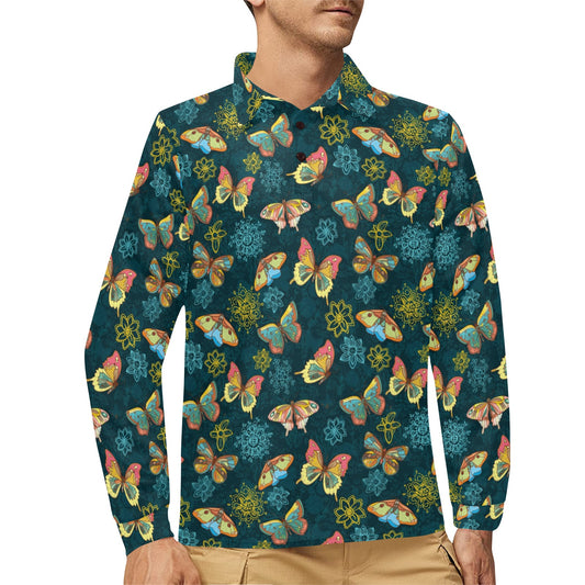 Butterfly Hand Draw Print Pattern Long Sleeve Polo Shirt For Men's