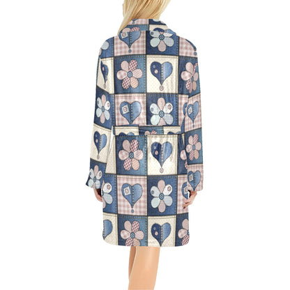 Patchwork Heart Flower Pattern Print Design 01 Women's Fleece Robe