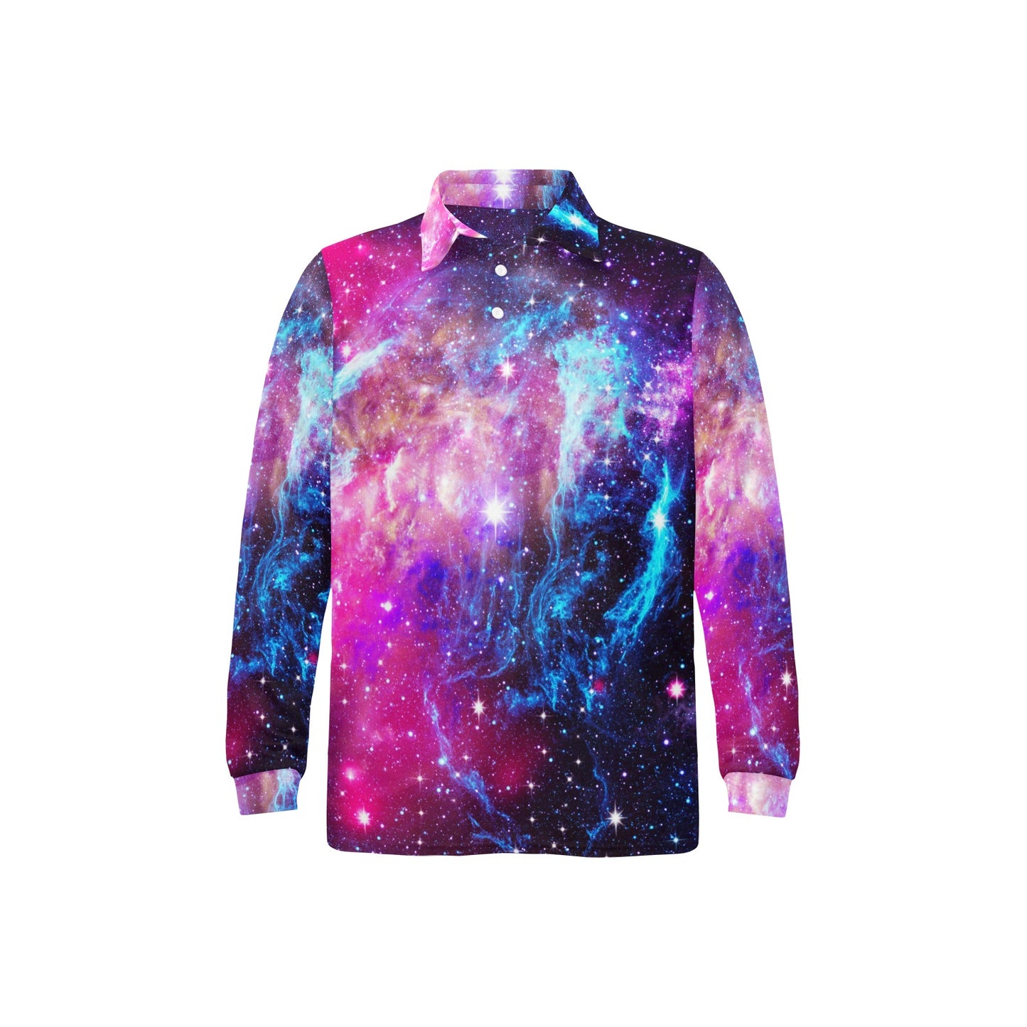 Galaxy Night Purple Space Print Long Sleeve Polo Shirt For Men's