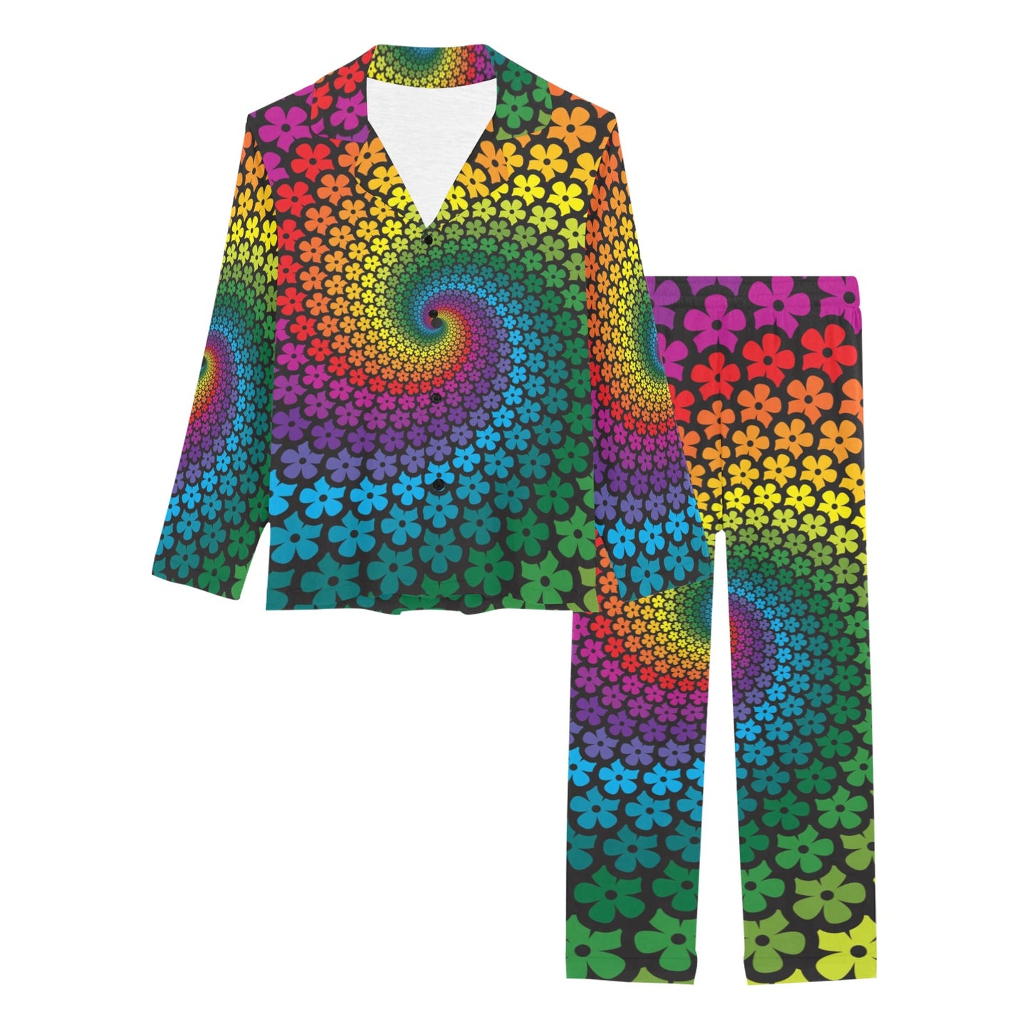 Flower Power Rainbow Spiral Print Women's Long Pajama Set