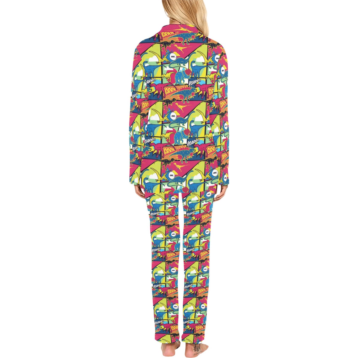Dinosaur Comic Pop Art Style Women's Long Pajama Set