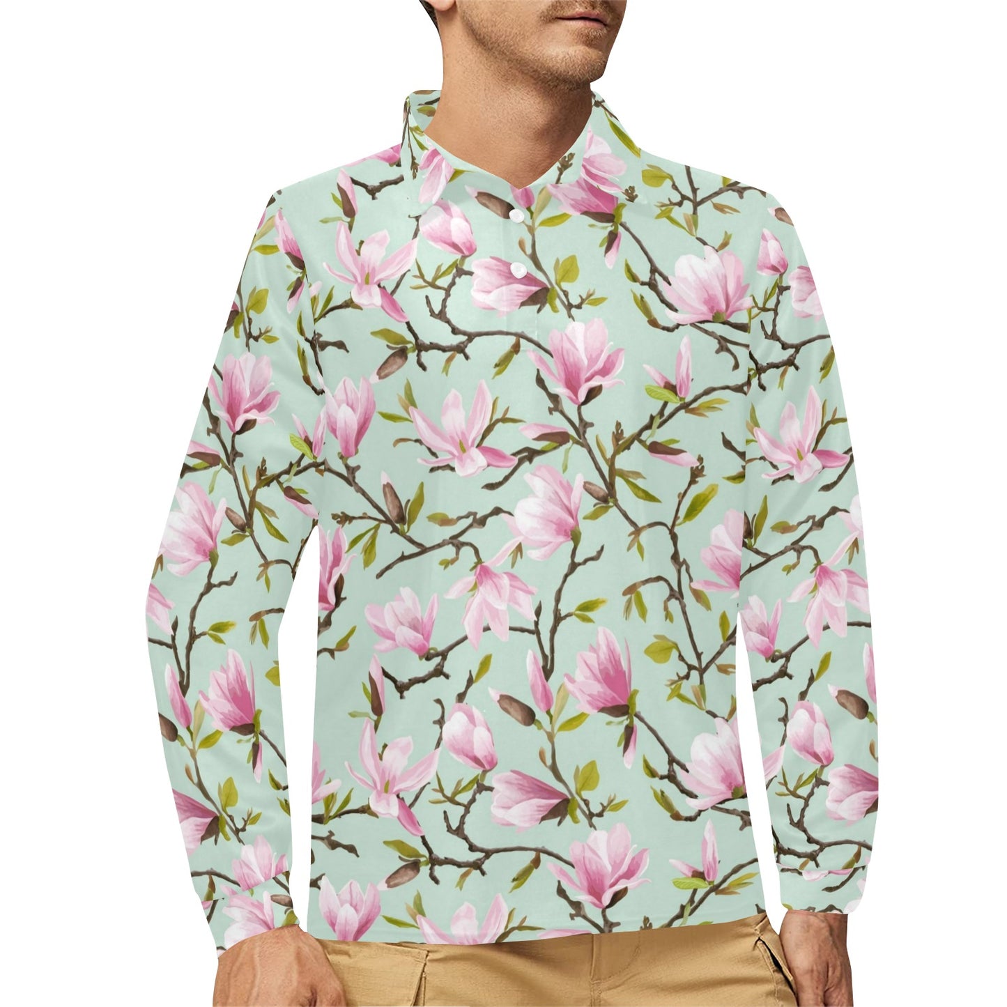 Magnolia Pattern Print Design MAG04 Long Sleeve Polo Shirt For Men's