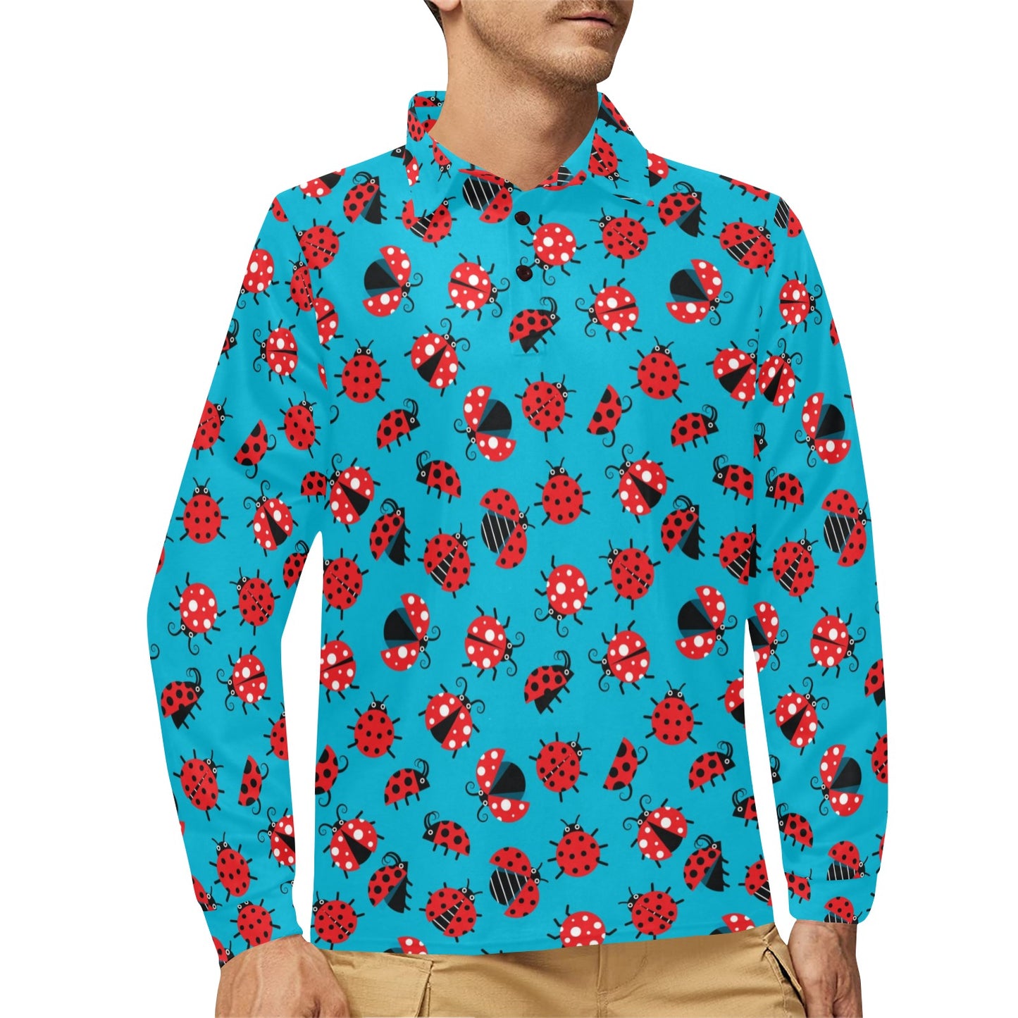 Ladybug Action Print Pattern Long Sleeve Polo Shirt For Men's