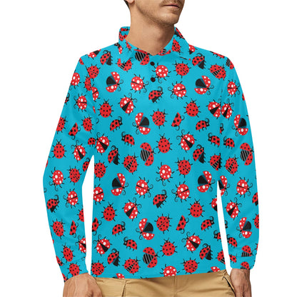Ladybug Action Print Pattern Long Sleeve Polo Shirt For Men's