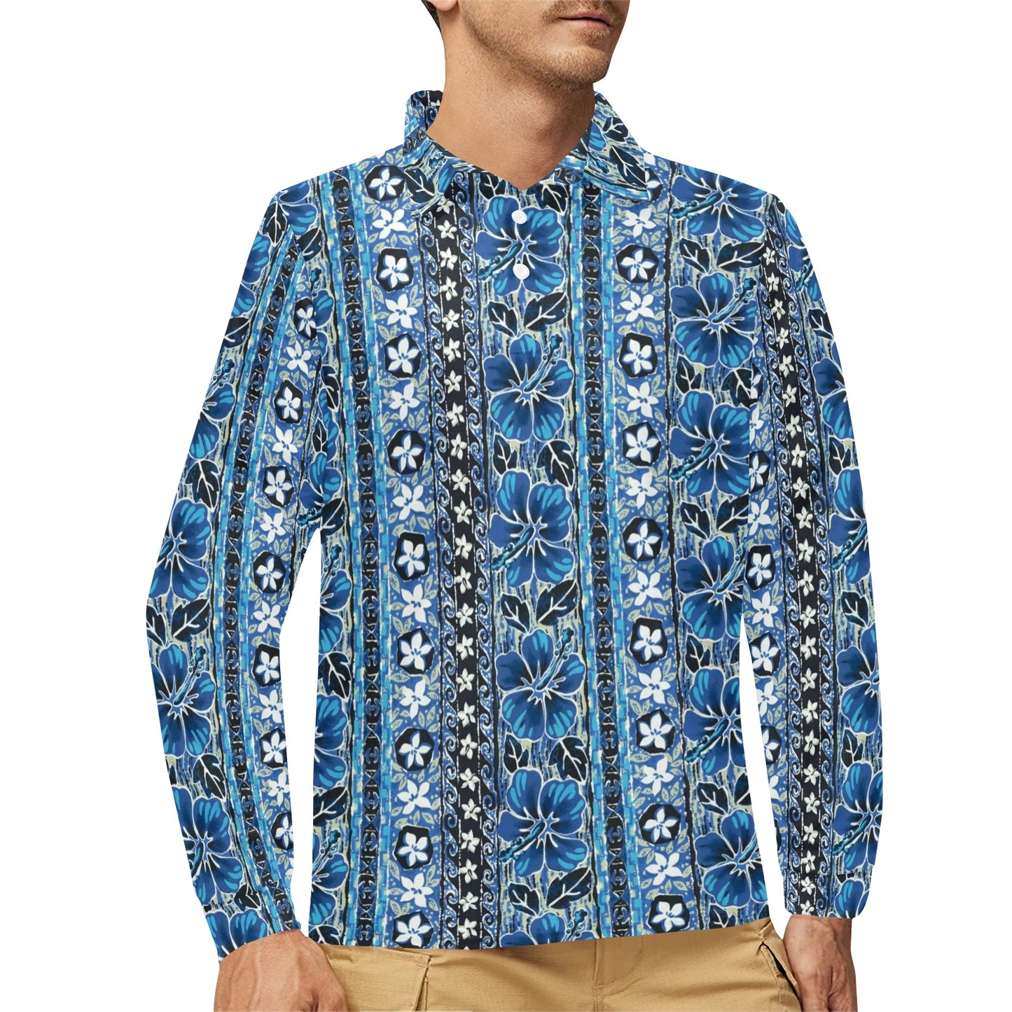 Hawaiian Themed Pattern Print Design H012 Long Sleeve Polo Shirt For Men's
