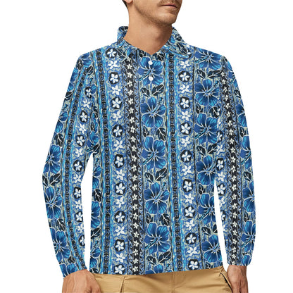 Hawaiian Themed Pattern Print Design H012 Long Sleeve Polo Shirt For Men's