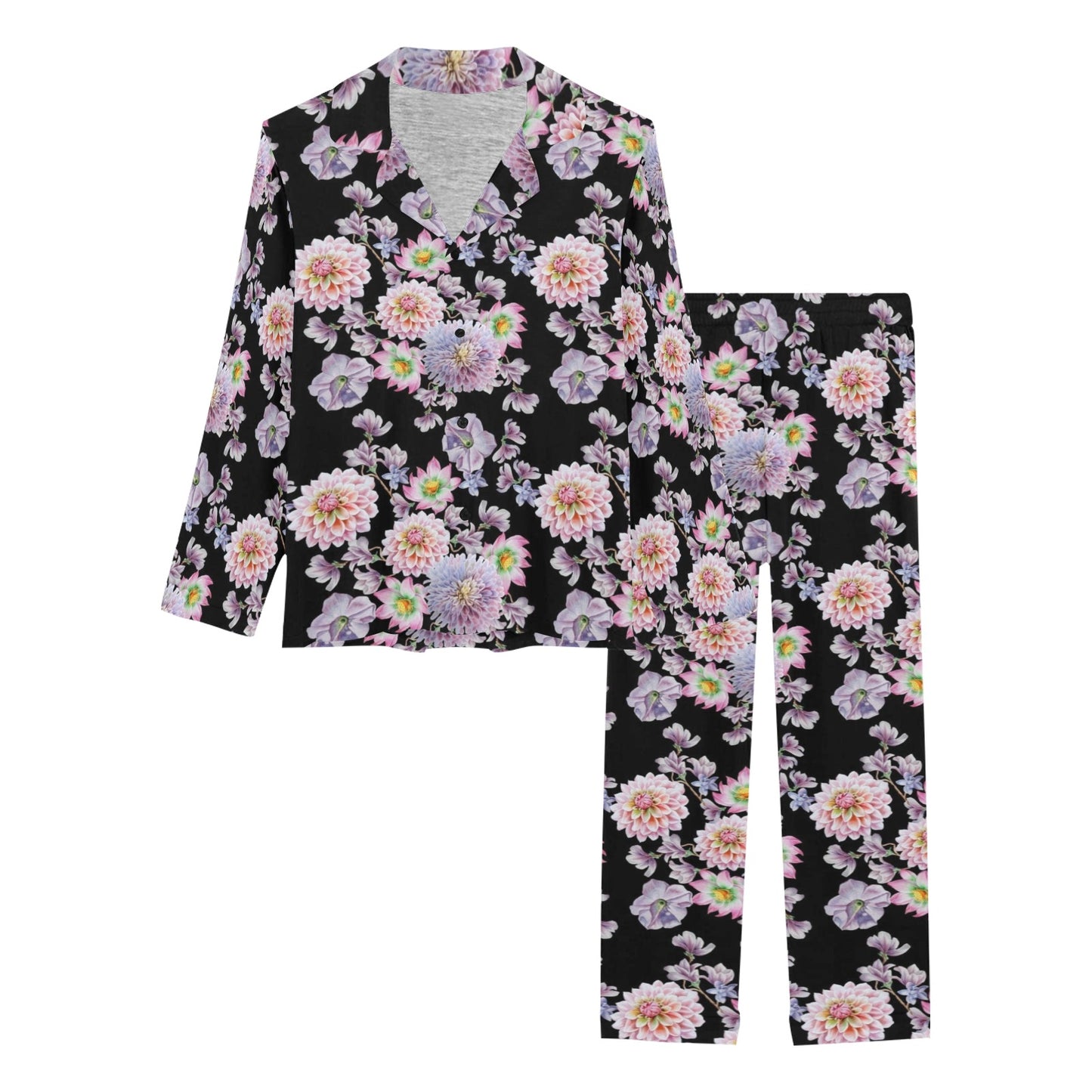 Dahlia Pattern Print Design DH012 Women's Long Pajama Set