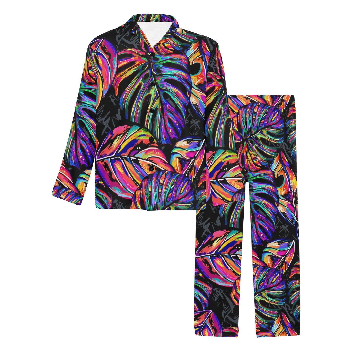 Neon Color Tropical Palm Leaves Men's Long Pajama Set