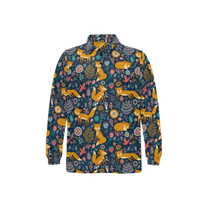 Fox Cute Jungle Print Pattern Long Sleeve Polo Shirt For Men's