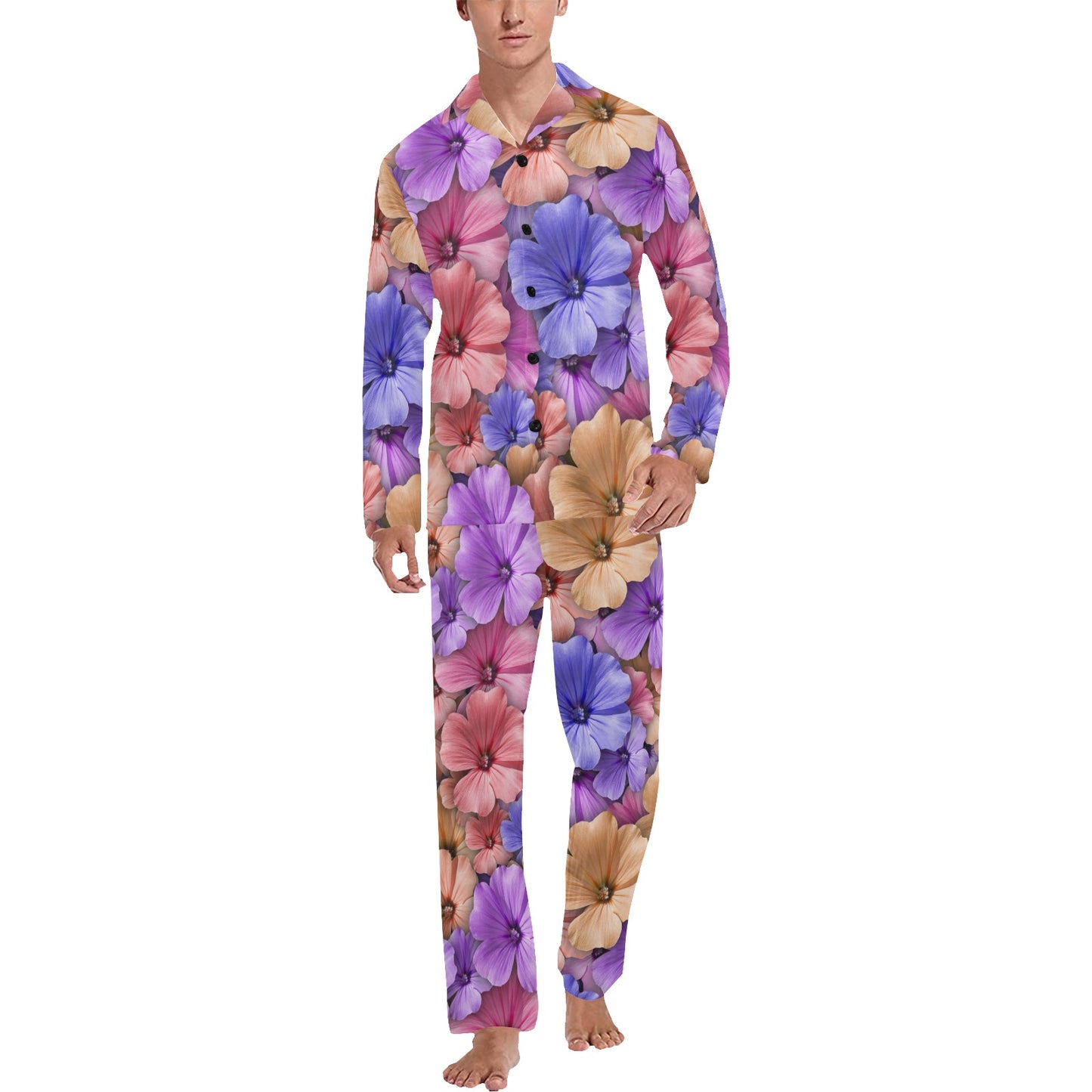 Colorful Geranium Pattern Men's Long Pajama Set