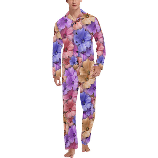 Colorful Geranium Pattern Men's Long Pajama Set
