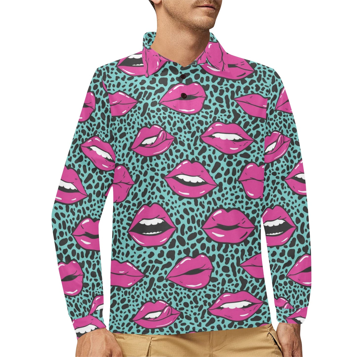 Lip Pattern Print Design 04 Long Sleeve Polo Shirt For Men's