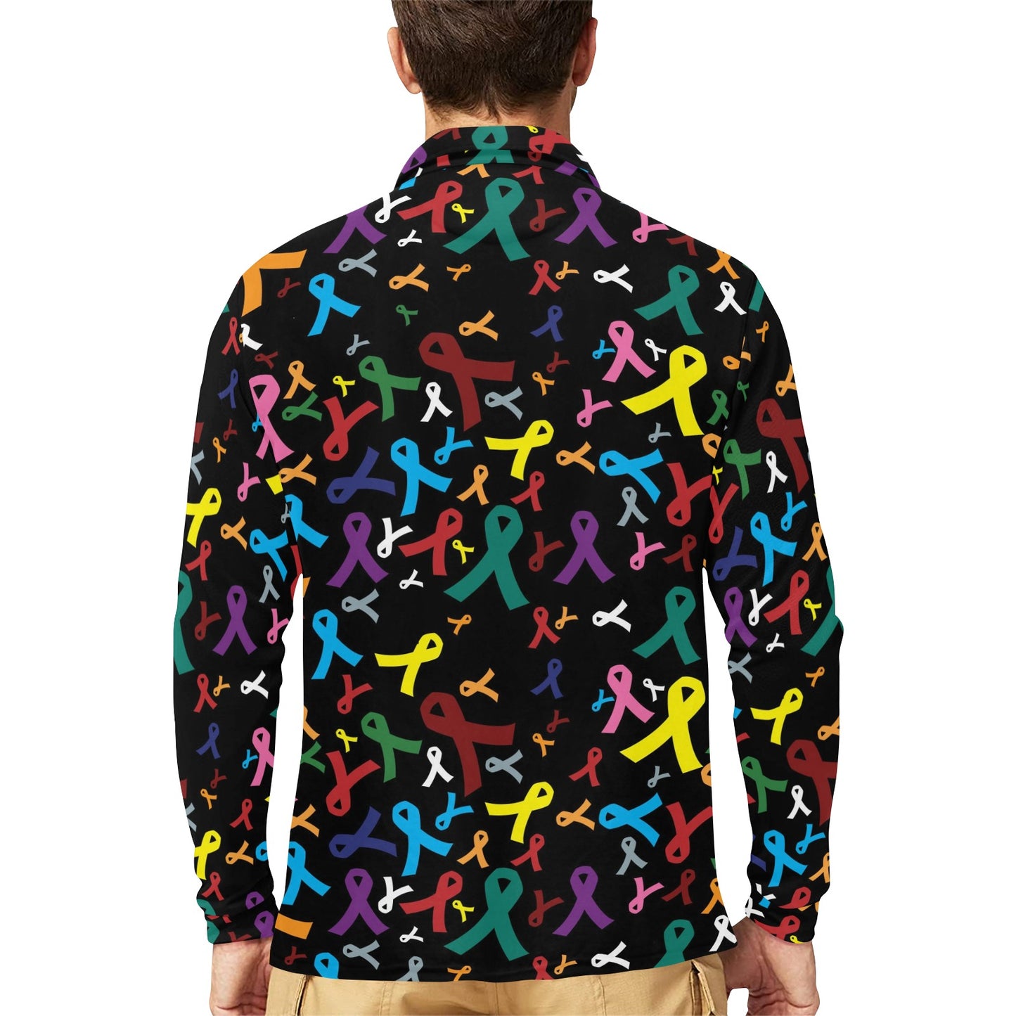 Cancer Awareness Pattern Print Design 03 Long Sleeve Polo Shirt For Men's
