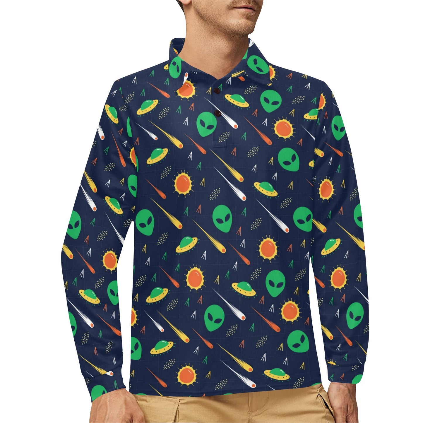 Alien UFO Pattern Print Design 05 Long Sleeve Polo Shirt For Men's