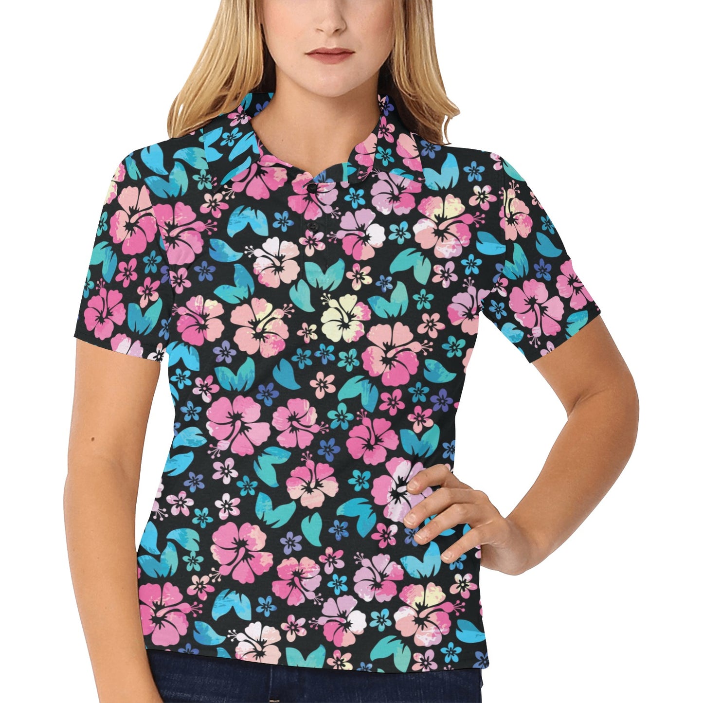 Pink Hibiscus Hawaiian Flower Women's Polo Shirt