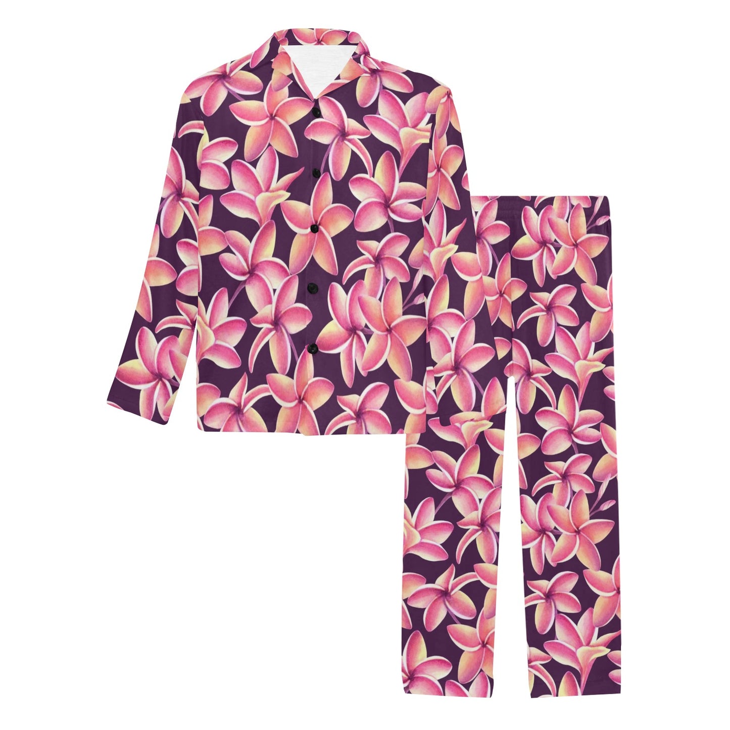 Purple Plumeria Pattern Print Design PM010 Men's Long Pajama Set