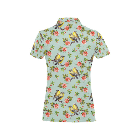 Bird with Red Flower Print Pattern Women's Polo Shirt