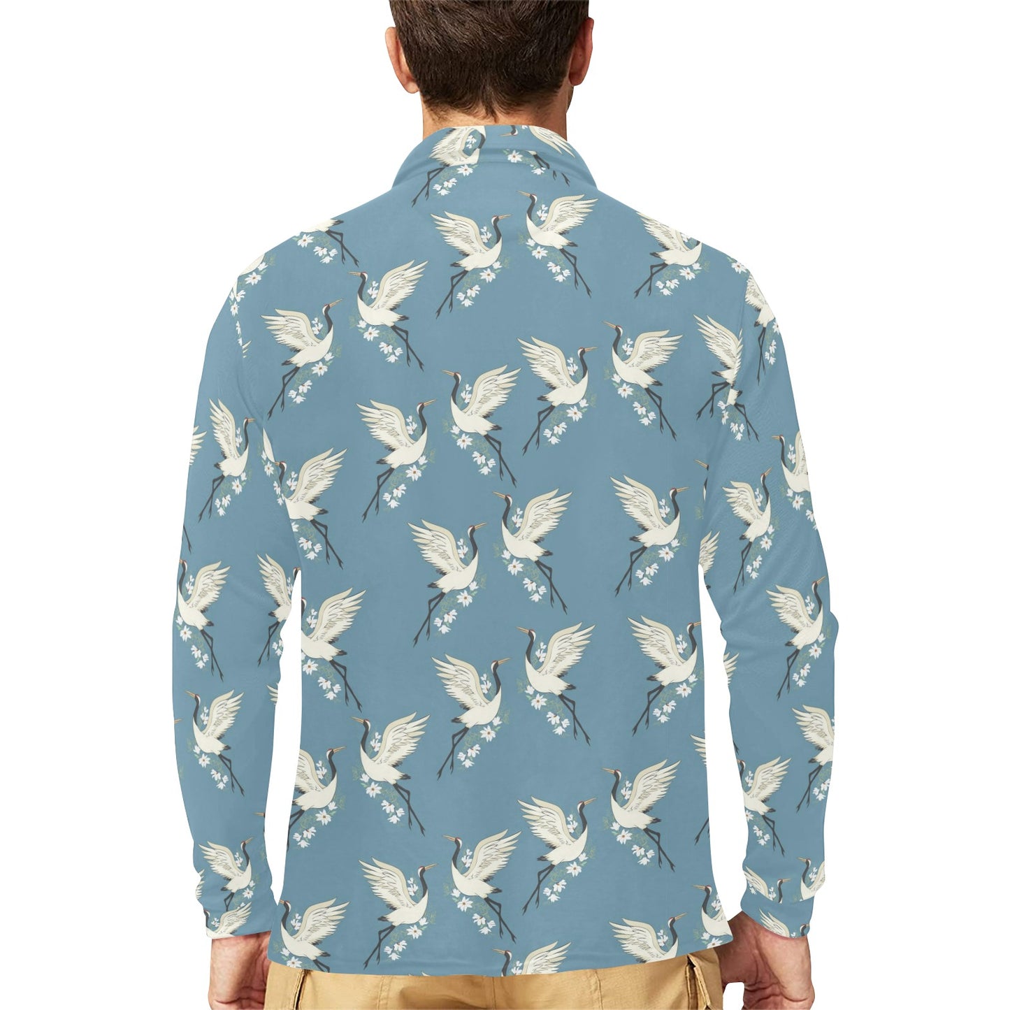 Crane Pattern Print Design 05 Long Sleeve Polo Shirt For Men's