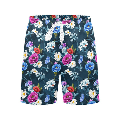 Floral Blue Themed Print Men's Swim Trunks Beach Shorts