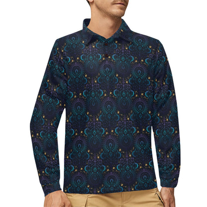 Celestial Pattern Print Design 06 Long Sleeve Polo Shirt For Men's