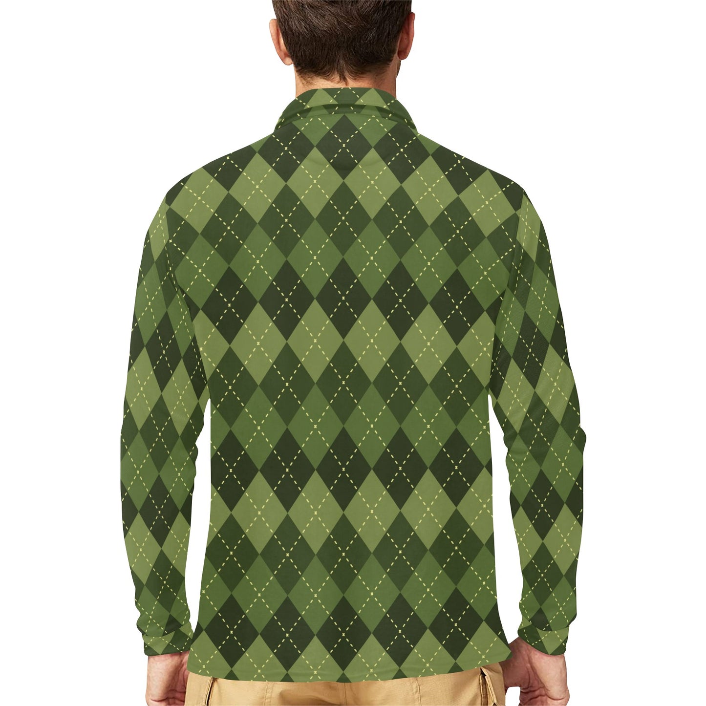 Argyle Green Pattern Print Design 01 Long Sleeve Polo Shirt For Men's