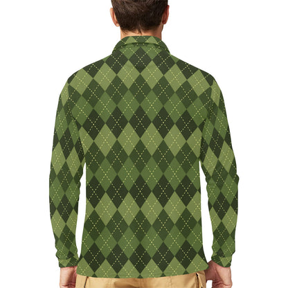 Argyle Green Pattern Print Design 01 Long Sleeve Polo Shirt For Men's