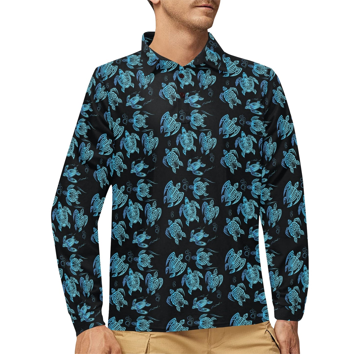 Tribal Turtle Polynesian Themed Design Long Sleeve Polo Shirt For Men's
