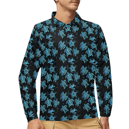 Tribal Turtle Polynesian Themed Design Long Sleeve Polo Shirt For Men's